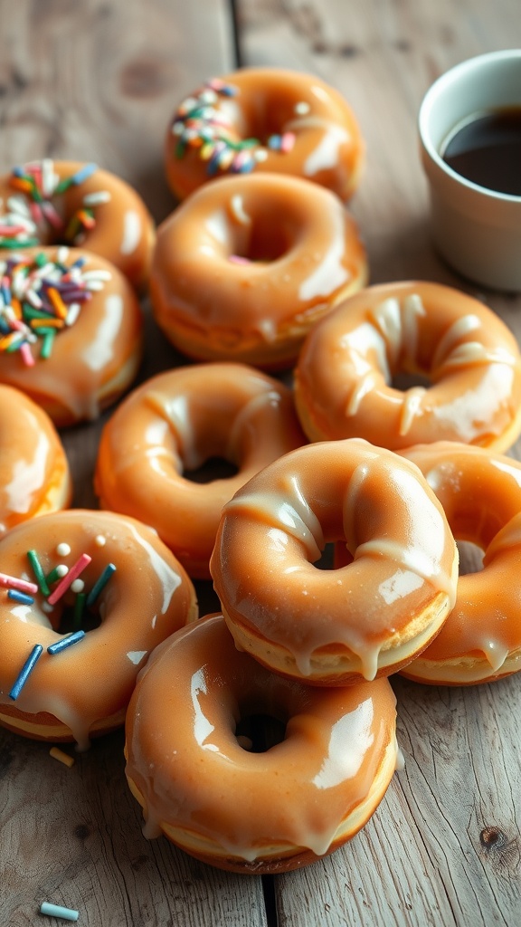 Freshly glazed doughnuts with sprinkles on a wooden table, accompanied by a cup of coffee.
